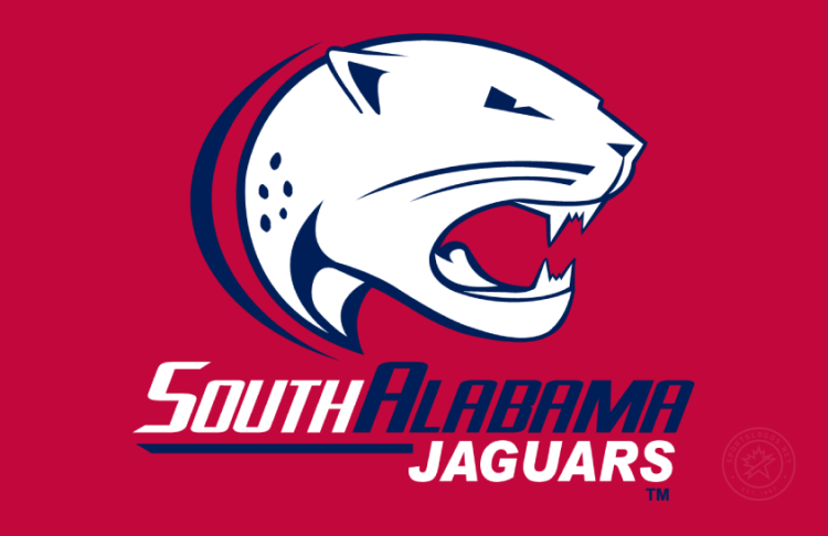 South Alabama Jaguars Logo Primary Dark Logo (2018-Pres) - Alternate logo of a right-facing snarling jaguar head in white with blue highlights and blue motion stripe above stylized South Alabama Jaguars text in blue and white on red background. The mouth is unfilled in this version. Debuted in 2016. SportsLogos.Net