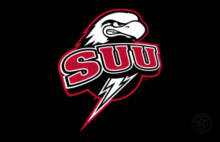 Southern Utah Thunderbirds Logo Primary Dark Logo (2017-2021) - Primary logo of Thor the Thunderbird with an angry expression and with arched red SUU letters across the front with a white lightning bolt below on black background with red outline. The gold in the beak was removed in 2017 then discontinued all-together in 2021. SportsLogos.Net