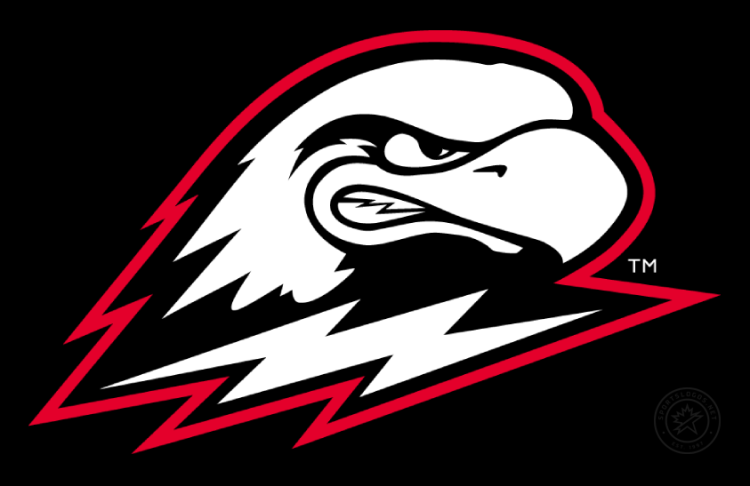 Southern Utah Thunderbirds Logo Primary Dark Logo (2021-Pres) - Primary logo of Thor the Thunderbird with an angry expression on black background with red outline. A new brighter shade of red was adopted in 2021. Design originally debuted in 2001. SportsLogos.Net