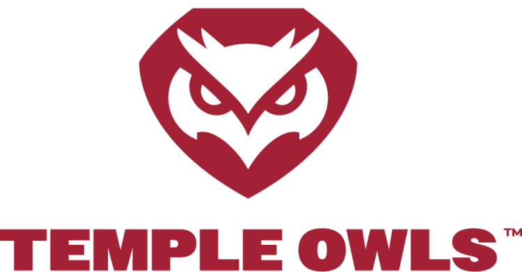 Temple Owls Logo Secondary Logo (2025-Pres) - Secondary white owl head within a cherry diamond above straight Temple Owls type in cherry. In 2025, the typography was changed to a simple sans serif type. SportsLogos.Net