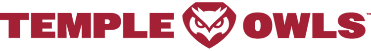 Temple Owls Logo Secondary Logo (2025-Pres) - Secondary white owl head within a cherry diamond between straight Temple Owls type in cherry. In 2025, the typography was changed to a simple sans serif type. SportsLogos.Net
