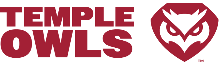 Temple Owls Logo Secondary Logo (2025-Pres) - Secondary stacked Temple Owls type in cherry beside a white owl head within a cherry diamond. In 2025, the typography was changed to a simple sans serif type. SportsLogos.Net