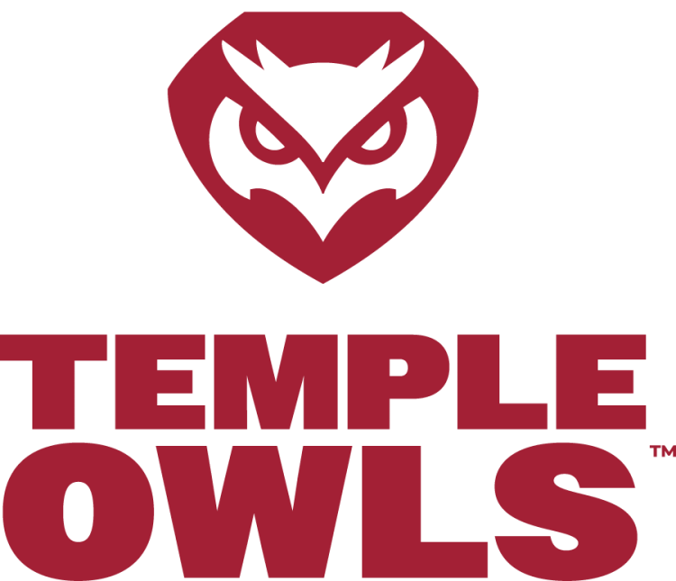 Temple Owls Logo Secondary Logo (2025-Pres) - Secondary white owl head within a cherry diamond above stacked Temple Owls type in cherry. In 2025, the typography was changed to a simple sans serif type. SportsLogos.Net