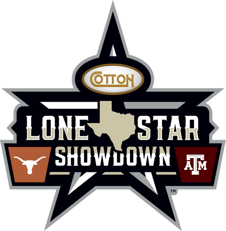 Texas Longhorns Logo Event Logo (2024-Pres) - Lone Star Showdown rivalry logo between the Texas Longhorns and Texas A&M Aggies sponsored by Cotton. The name comes from Lone Star State, which is the nickname of the state of Texas. The Lone Star Showdown moniker was trademarked in 1996. The design features the Cotton Holdings corporate logo above the state of Texas shape in a beige color flanked by two-color all-caps Lone Star Showdown text. To the left is the Texas Longhorn silhouette logo in white on burnt orange trapezoid and to the right is the beveled TAM logo in white on Aggie Maroon trapezoid. In the background is a large beveled black star. SportsLogos.Net