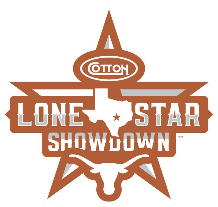 Texas Longhorns Logo Event Logo (2024-Pres) - Lone Star Showdown Texas-team specific logo sponsored by Cotton. The name comes from Lone Star State, which is the nickname of the state of Texas. The Lone Star Showdown moniker was trademarked in 1996. The design features the Cotton Holdings corporate logo above the state of Texas shape in white with a star at Austin`s location flanked by two-color all-caps Lone Star Showdown text. At the bottom is the Longhorn silhouette logo in white. In the background is a large, beveled burnt orange star. SportsLogos.Net