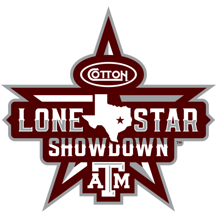 Texas A&M Aggies Logo Event Logo (2024-Pres) - Lone Star Showdown Texas A&M-team specific logo sponsored by Cotton. The name comes from Lone Star State, which is the nickname of the state of Texas. The Lone Star Showdown moniker was trademarked in 1996. The design features the Cotton Holdings corporate logo above the state of Texas shape in white with a star at College Station`s location flanked by two-color all-caps Lone Star Showdown text. At the bottom is the beveled TAM logo in white. In the background is a large, beveled Aggie Maroon star. SportsLogos.Net