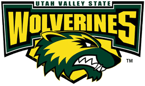 Utah Valley Wolverines Primary Logo (1999-2007) - Growling Wolverine on a yellow backdrop below script SportsLogos.Net