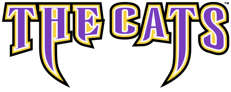 Western Carolina Catamounts Logo Wordmark Logo (2003-2008) - Arched THE CATS wordmark in purple, gold, and black. SportsLogos.Net