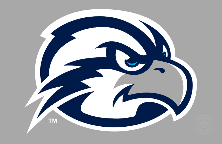 UNF Ospreys Logo Alt on Dark Logo (2024-Pres) - Alternate osprey head logo in blue, gray, and white on gray background. In an August 2024 brand refresh, most notable is an updated Osprey bird head logo featuring a white container to allow the use of the logo across a variety of colored backgrounds. Included in the logo is a gray beak and aqua eye, while the integrity of the bird head is part of the updated logo.  SportsLogos.Net
