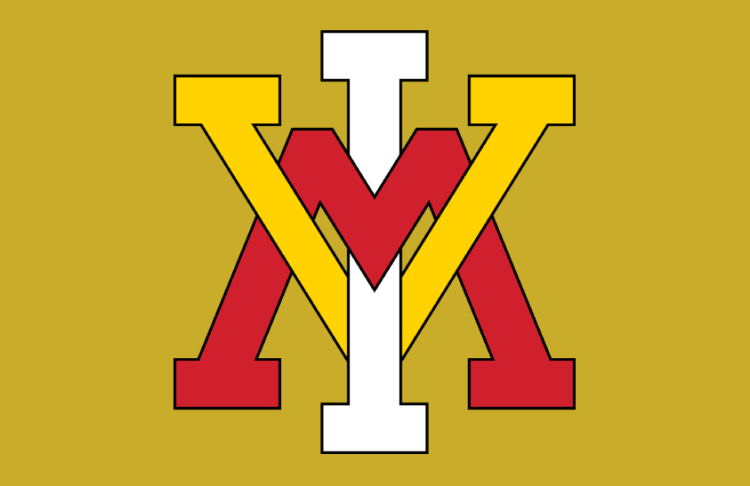 VMI Keydets Logo Helmet Logo (2010-2021) - Interlocking VMI (spider) logo in red, yellow, and white with black outline on gold football helmet. SportsLogos.Net
