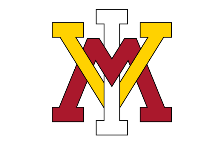 VMI Keydets Logo Helmet Logo (2022-Pres) - Interlocking VMI (spider) logo in red, yellow, and white with black outline on white football helmet. SportsLogos.Net