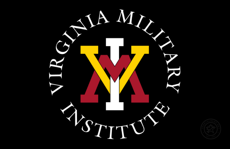 VMI Keydets Logo Primary Dark Logo (2016-Pres) - Primary logo of the interlocking VMI (spider) and the full institute name in white serif type around the VMI letters. The block serif VMI letters are in red, yellow, and white with black outline on black background. In around 2016, a darker shade of red was adopted for all logos. SportsLogos.Net