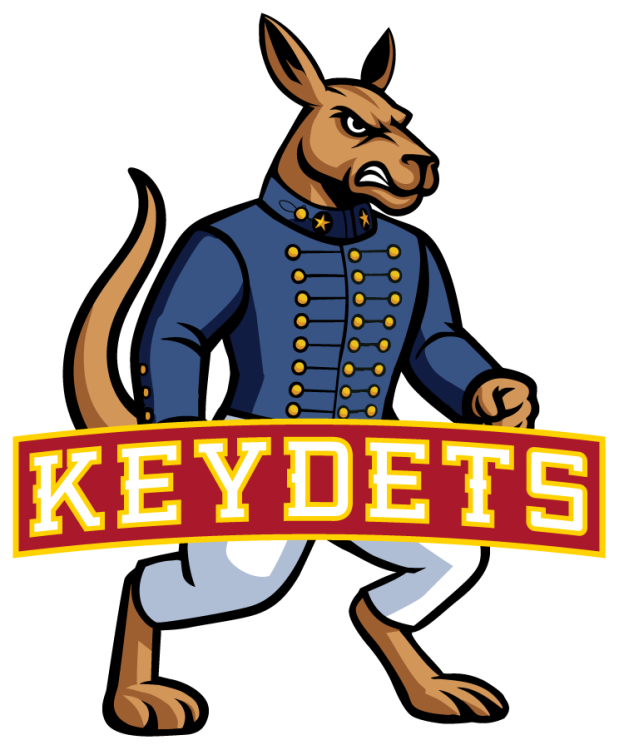 VMI Keydets Logo Mascot Logo (2025-Pres) - Secondary Full-Body Mascot logo of Moe the Kangaroo.  The full-body mascot brings the character to life with a commanding and confident stance. Dressed in the traditional cadet uniform, the kangaroo embodies the discipline and heritage of VMI. With fists clenched and a determined expression, the mascot projects energy and purpose, while the bold Keydets wordmark anchors the identity in unmistakable pride. This version is designed for broader storytelling and character-driven applications across fan engagement, marketing, and spirit initiatives. SportsLogos.Net