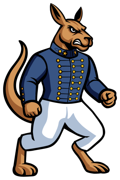 VMI Keydets Logo Mascot Logo (2025-Pres) - Secondary Full-Body Mascot logo of Moe the Kangaroo without the Keydets wordmark. The full-body mascot brings the character to life with a commanding and confident stance. Dressed in the traditional cadet uniform, the kangaroo embodies the discipline and heritage of VMI. With fists clenched and a determined expression, the mascot projects energy and purpose, while the bold Keydets wordmark anchors the identity in unmistakable pride. This version is designed for broader storytelling and character-driven applications across fan engagement, marketing, and spirit initiatives. The full-body mascot without 
the Keydets wordmark should always be accompanied by the spider (interlocking VMI) logo. SportsLogos.Net