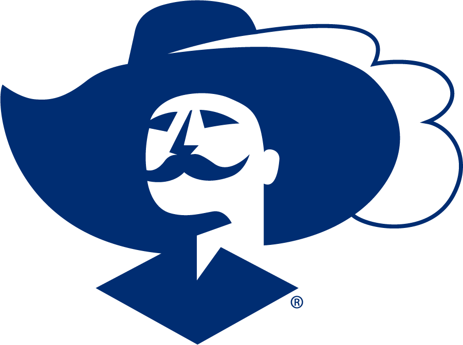 Xavier Musketeers Logo Secondary Logo (1996-2008) - Secondary logo of a musketeer head with mustache and hat in all-blue. On a blue background, the design changes to white. This blue version is also used on a silver background. SportsLogos.Net