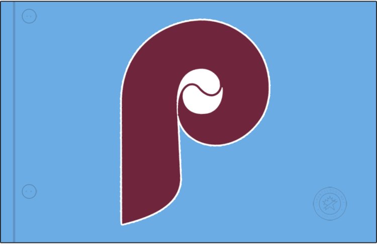 Maine Phillies Logo Jersey Logo (1988) - The Maine Phillies road jersey logo, used for a single season in 1988 following the team's name change from Guides, was a simple recycling of the Philadelphia Phillies road jersey logo of the time - a burgundy 