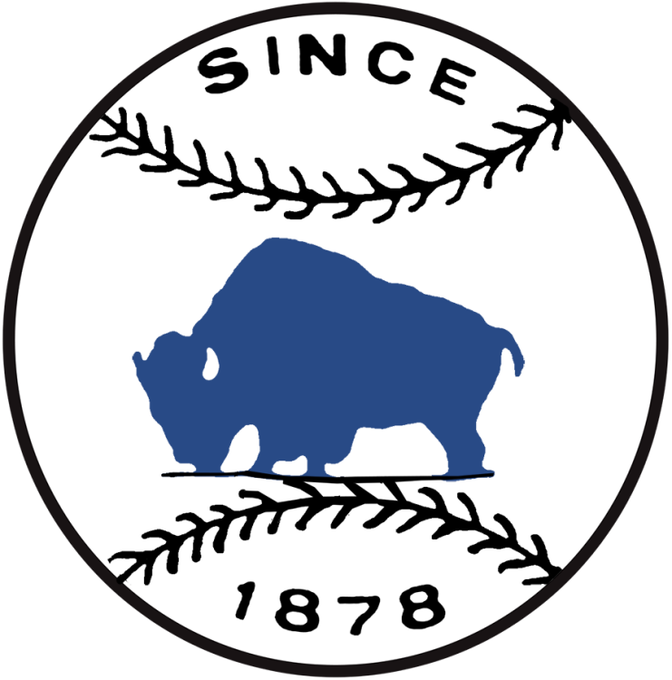 Buffalo Bisons Logo Primary Logo (1950-1970) - The original Buffalo Bisons baseball team logo from their final seasons featured a stationary standing bison buffalo in blue on a white baseball with black stitching and the words 