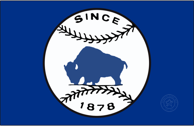 Buffalo Bisons Logo Primary Dark Logo (1950-1970) - The original Buffalo Bisons baseball team logo from their final seasons featured a stationary standing bison buffalo in blue on a white baseball with black stitching and the words 