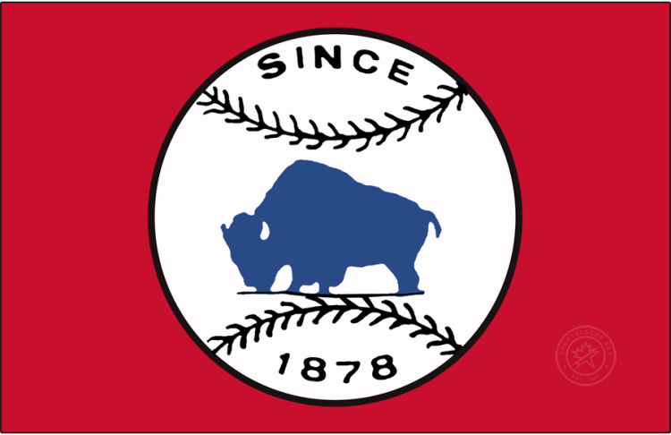 Buffalo Bisons Logo Primary Dark Logo (1950-1970) - The original Buffalo Bisons baseball team logo from their final seasons featured a stationary standing bison buffalo in blue on a white baseball with black stitching and the words 