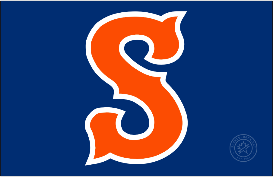 Syracuse Mets Logo Cap Logo (2019-Pres) - The Syracuse Mets home game cap logo is an orange S trimmed in white on a royal blue background. SportsLogos.Net