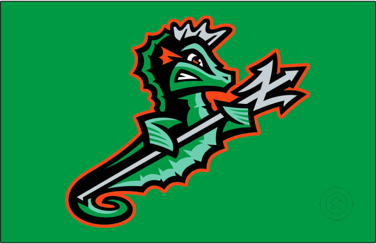 Norfolk Tides Logo Cap Logo (2016-Pres) - The Norfolk Tides home cap logo is the same green and black seahorse holding an N-shaped trident from their primary logo. This logo is worn on the front of a green-crowned cap for home games. SportsLogos.Net
