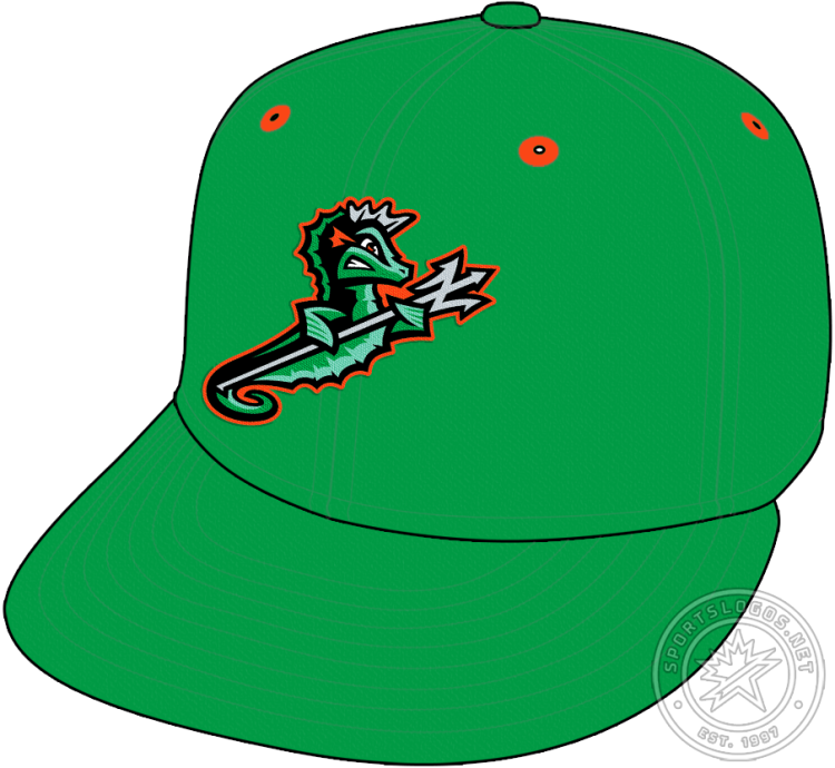 Norfolk Tides Cap Cap (2016-Pres) - The Norfolk Tides home cap features the same green and black seahorse holding an N-shaped trident from their primary logo. This logo is worn on the front of a green-crowned cap with orange eyelets for home games. SportsLogos.Net