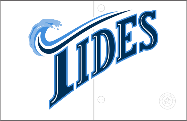 Norfolk Tides Logo Jersey Logo (1993-2015) - The Norfolk Tides home jersey logo used from 1993 to 2015 features their primary logo across the front of a button-up white jersey. The lettering differs slightly from their primary logo in that the inner stripes in the letters are white on the jersey instead of silver on the logo. SportsLogos.Net