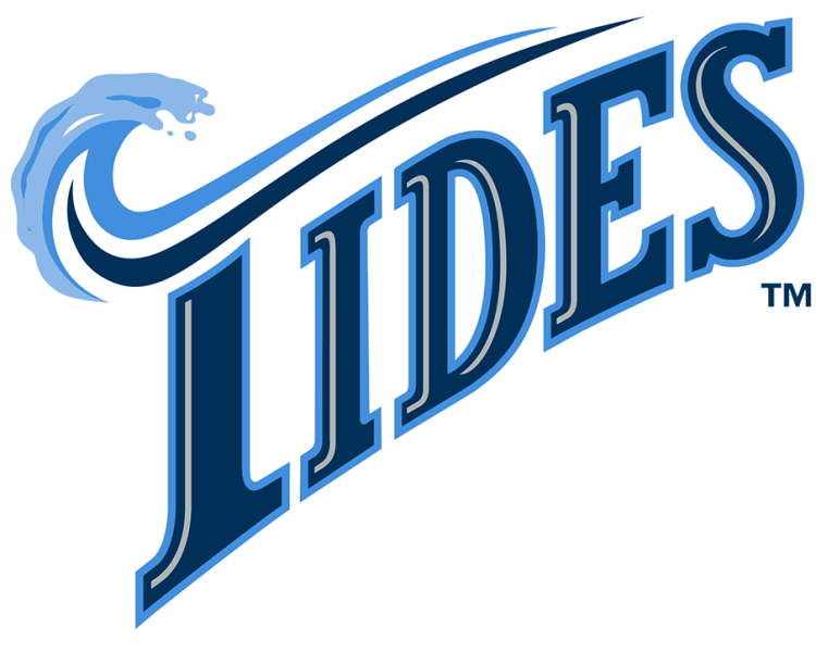 Norfolk Tides Logo Primary Logo (1993-2015) - The Norfolk Tides logo used from 1993 to 2015 features Tides in navy blue with light blue trim, silver shading inside the lettering, and a triple-blue wave crashing down upon the top of the T SportsLogos.Net