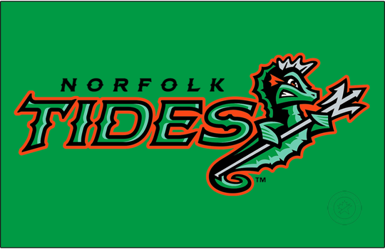 Norfolk Tides Logo Primary Dark Logo (2016-Pres) - The Norfolk Tides logo features a green and black seahorse holding a trident shaped like the letter 