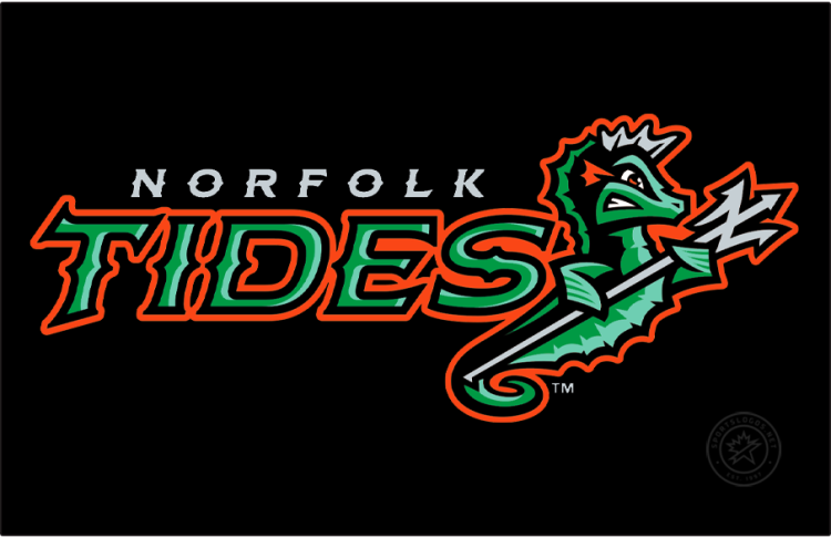 Norfolk Tides Logo Primary Dark Logo (2016-Pres) - The Norfolk Tides logo features a green and black seahorse holding a trident shaped like the letter 