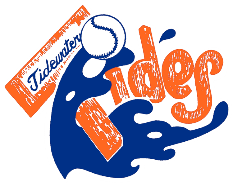 Tidewater Tides Logo Primary Logo (1969-1992) - The Tidewater Tides logo features a blue wave of water lifting up a white baseball with blue stitching. The team name 