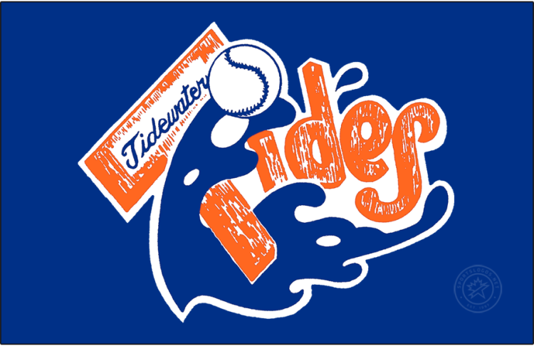 Tidewater Tides Logo Primary Dark Logo (1969-1992) - The Tidewater Tides logo features a blue wave of water lifting up a white baseball with blue stitching. The team name 