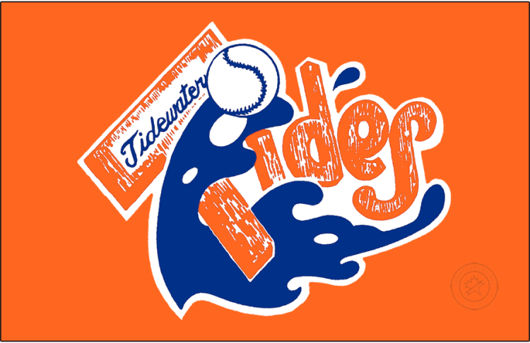 Tidewater Tides Logo Primary Dark Logo (1969-1992) - The Tidewater Tides logo features a blue wave of water lifting up a white baseball with blue stitching. The team name 