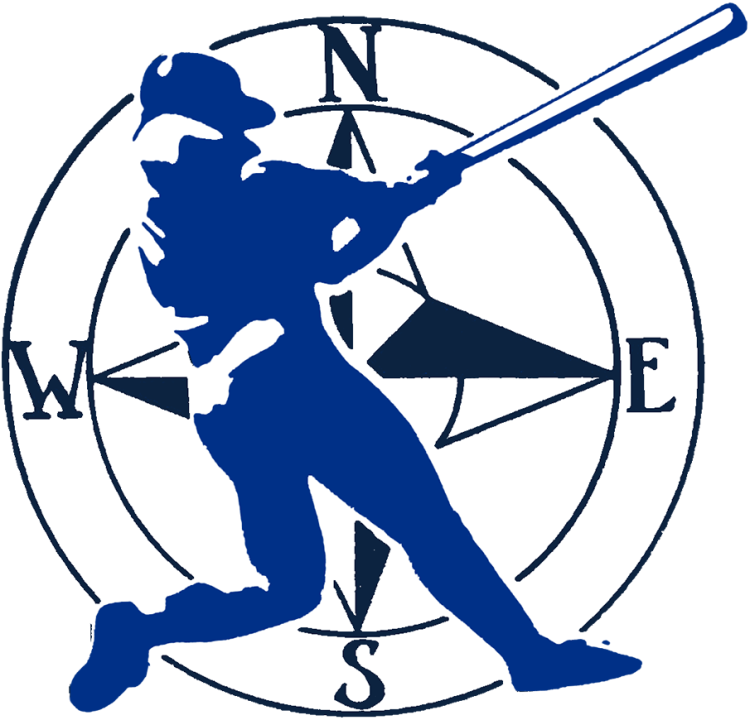 Maine Guides Logo Alternate Logo (1984-1987) - The Maine Guides logo, used from 1984 to 1987, featured a royal blue baseball player swinging a bat set against a navy blue compass rose, complete with labels for North, East, South, and West. The Guides changed their name to the Maine Phillies following the 1987 season. SportsLogos.Net