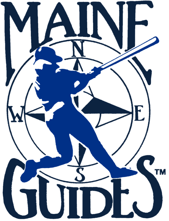 Maine Guides Logo Primary Logo (1984-1987) - The Maine Guides logo, used from 1984 to 1987, featured a royal blue baseball player swinging a bat set against a navy blue compass rose, complete with North, East, South, and West labels. The team name MAINE GUIDES is included above and below the design in navy blue. SportsLogos.Net