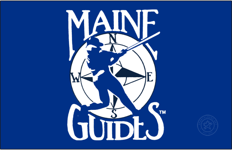 Maine Guides Logo Primary Dark Logo (1984-1987) - The Maine Guides logo, used from 1984 to 1987, featured a royal blue baseball player swinging a bat set against a navy blue compass rose, complete with North, East, South, and West labels. The team name MAINE GUIDES is included above and below the design in navy blue. The Guides changed their name to the Maine Phillies following the 1987 season. SportsLogos.Net