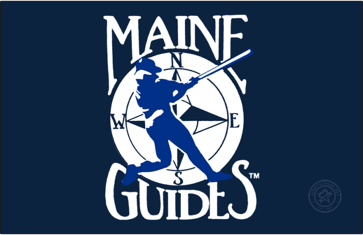 Maine Guides Logo Primary Dark Logo (1984-1987) - The Maine Guides logo, used from 1984 to 1987, featured a royal blue baseball player swinging a bat set against a navy blue compass rose, complete with North, East, South, and West labels. The team name MAINE GUIDES is included above and below the design in navy blue. The Guides changed their name to the Maine Phillies following the 1987 season. SportsLogos.Net