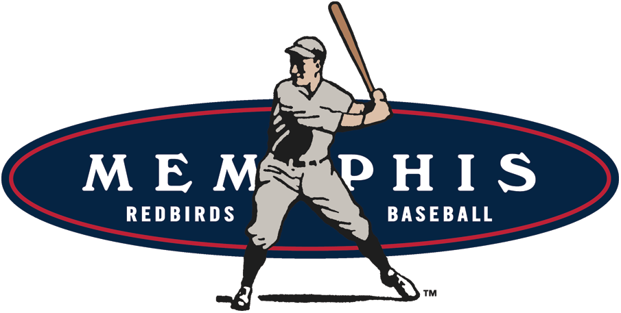 Memphis Redbirds Primary Logo (1998-2014) - An old fashioned baseball player batting over a blue oval SportsLogos.Net