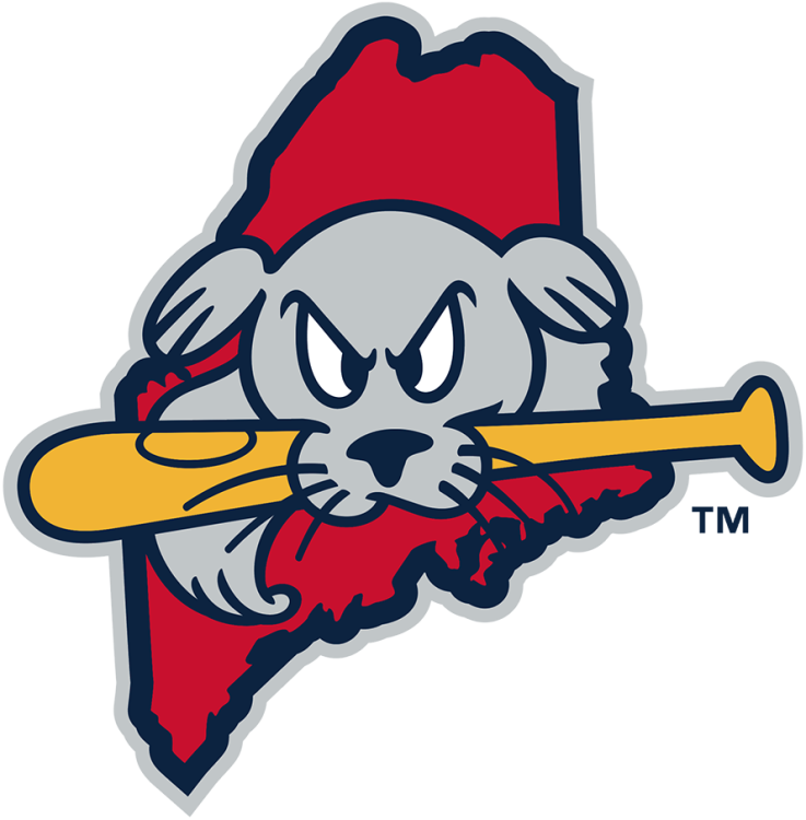 Portland Sea Dogs Logo Alternate Logo (2019-Pres) - The Portland Sea Dogs alternate logo shows Slugger the Seal biting a yellow baseball bat with the State of Maine behind it in red with navy blue and silver trim. SportsLogos.Net