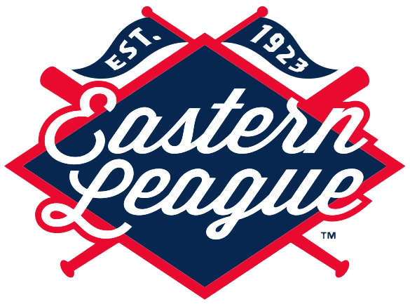  Eastern League Logo Primary Logo (2019-Pres) - Eastern League scripted in white on a blue diamond, red crossed bats behind, two pennants showing establishment year of 1923 fly above SportsLogos.Net