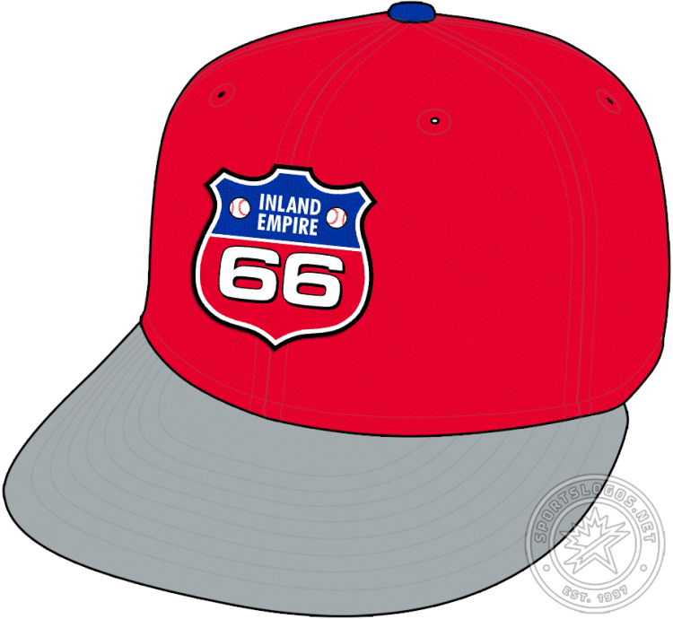 Inland Empire 66ers Cap Cap (2006-2013) - The Inland Empire 66ers road cap, worn from 2006 to 2013, features the team's primary logo -- a red, white, and blue highway shield -- on a red crown with a silver visor and a blue button. SportsLogos.Net