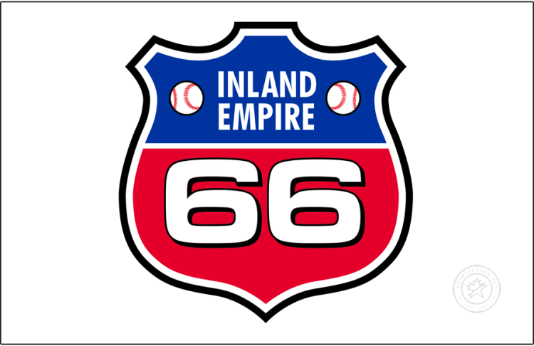 Inland Empire 66ers Logo Cap Logo (2006-2013) - The Inland Empire 66ers alternate cap, worn from 2006 to 2013, features the team's primary logo -- a red, white, and blue highway shield -- on a white crown with a red visor and button and blue eyelets. SportsLogos.Net