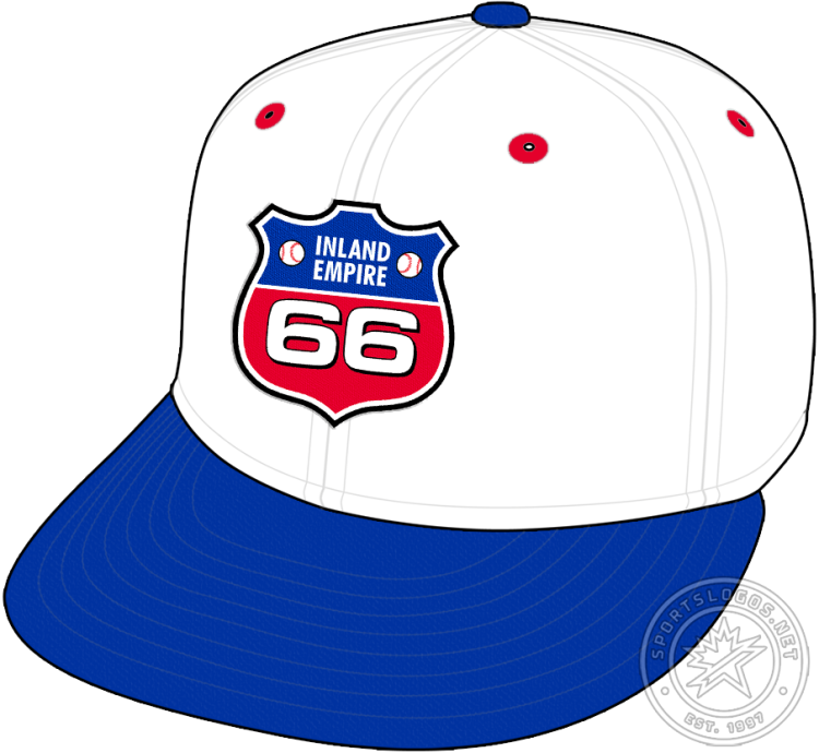 Inland Empire 66ers Cap Cap (2006-2013) - The Inland Empire 66ers alternate cap, worn from 2006 to 2013, features the team's primary logo -- a red, white, and blue highway shield -- on a white crown with a blue visor and button and red eyelets. SportsLogos.Net