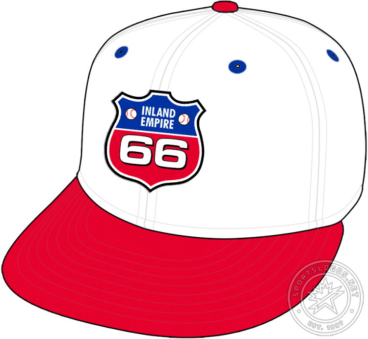 Inland Empire 66ers Cap Cap (2006-2013) - The Inland Empire 66ers alternate cap, worn from 2006 to 2013, features the team's primary logo -- a red, white, and blue highway shield -- on a white crown with a red visor and button and blue eyelets. SportsLogos.Net