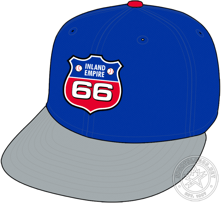 Inland Empire 66ers Cap Cap (2006-2013) - The Inland Empire 66ers home cap, worn from 2006 to 2013, features the team's primary logo -- a red, white, and blue highway shield -- on a blue crown with a silver visor and a red button. SportsLogos.Net