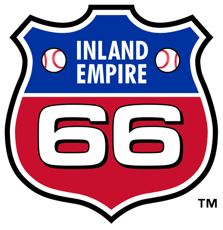 Inland Empire 66ers Logo Primary Logo (2003-2005) - The original Inland Empire 66ers logo featured a style reminiscent of an Interstate highway road sign shield, presented in blue and red, with 