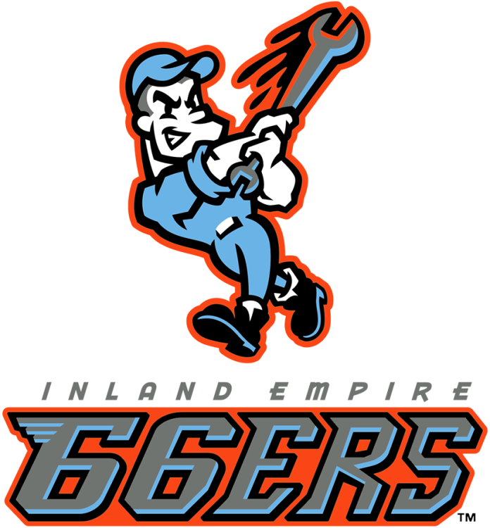 Inland Empire 66ers Logo Primary Logo (2014-2021) - A mechanic wearing a baby blue uniform swings a wrench like a baseball bat with the team name in front SportsLogos.Net