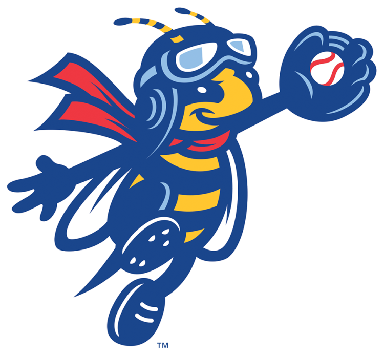Ontario Tower Buzzers Logo Alternate Logo (2026-Pres) - The Ontario Tower Buzzers alternate logo features a blue and yellow striped bee wearing aviation goggles and a red scarf while catching a baseball in a glove. SportsLogos.Net