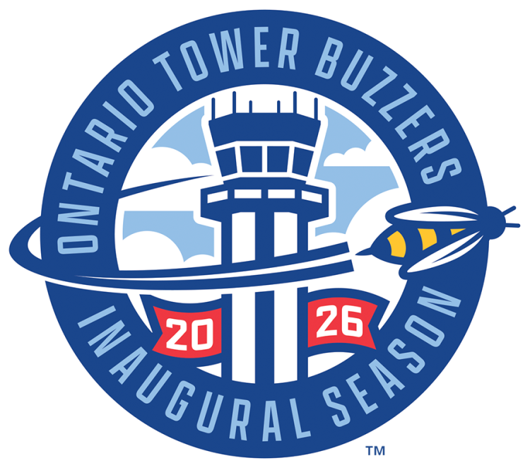 Ontario Tower Buzzers Logo Anniversary Logo (2026) - The Ontario Tower Buzzers inaugural season logo shows the blue and yellow striped bee from their primary logo buzzing by the Ontario International Airport tower with a red banner below featuring the year 2026 in white. The name of the team and 
