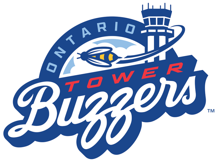 Ontario Tower Buzzers Logo Primary Logo (2026-Pres) - The Ontario Tower Buzzers logo shows a yellow and blue striped bee flying past the tower of the Ontario International Airport. The team name is featured in red, with half of it scripted in white. The city name 'ONTARIO' is arched above in sky blue. SportsLogos.Net